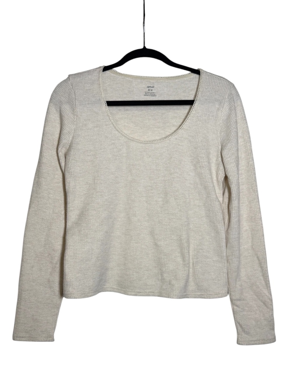 Aerie Waffle Knit Long Sleeve Tee Thermal Sz Medium Cream Lace Picot Scoop Neck - Picture 1 of 7